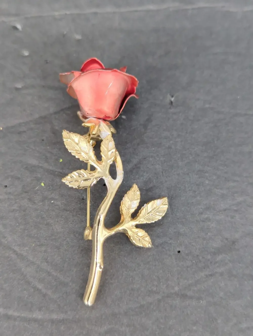 Vintage Metal Rose Flower Stem Brooch Pin Gold Tone Carved Style Petals